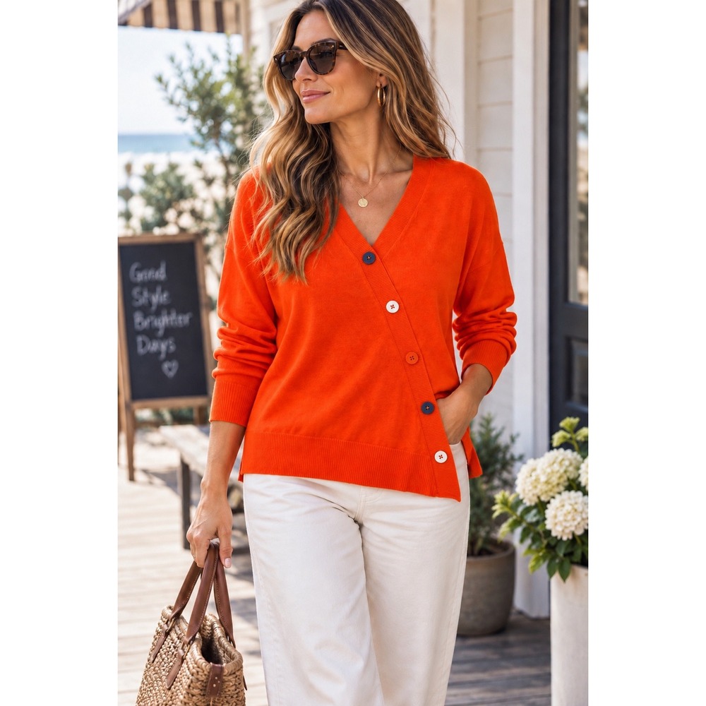 Zaket & Plover Orange Silk Blend Asymmetric Button Artsy Luxe Cardigan Sz XL